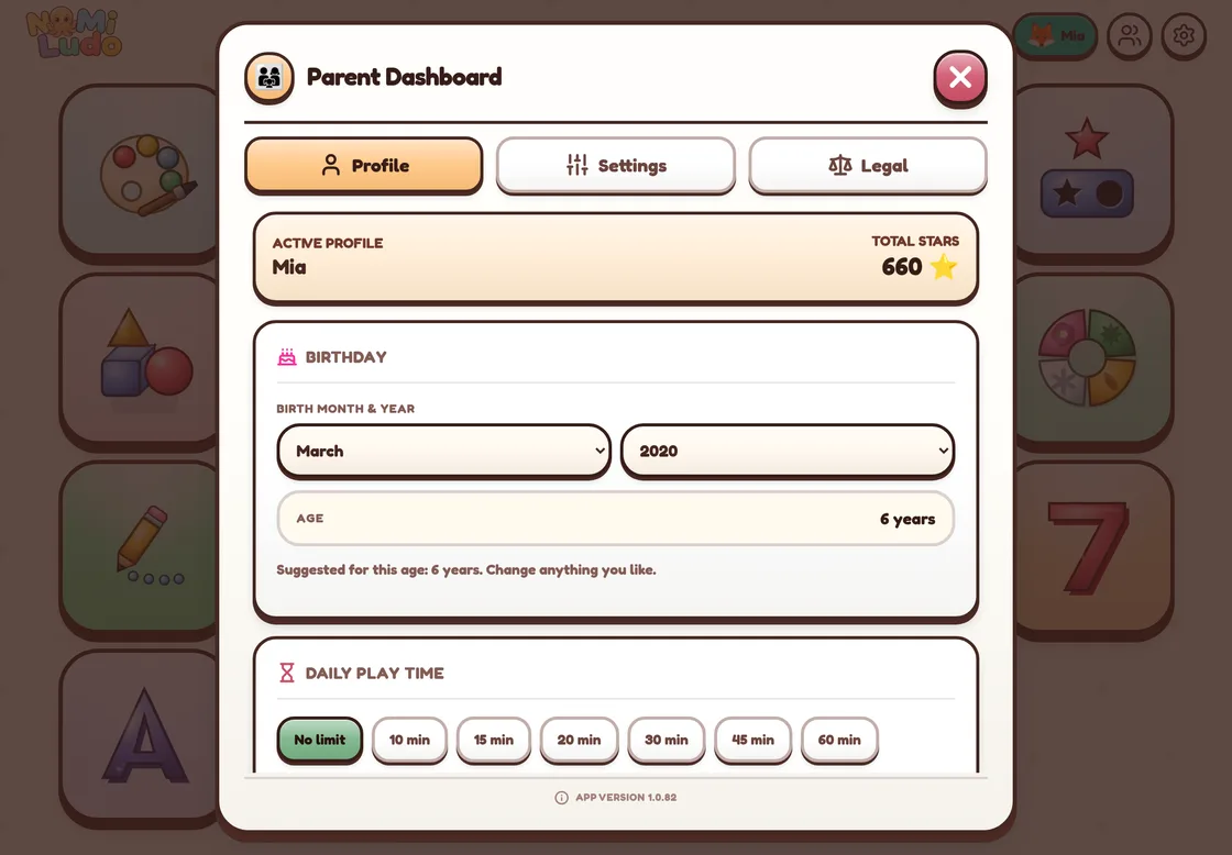 The parent dashboard: profile, daily limit and every game